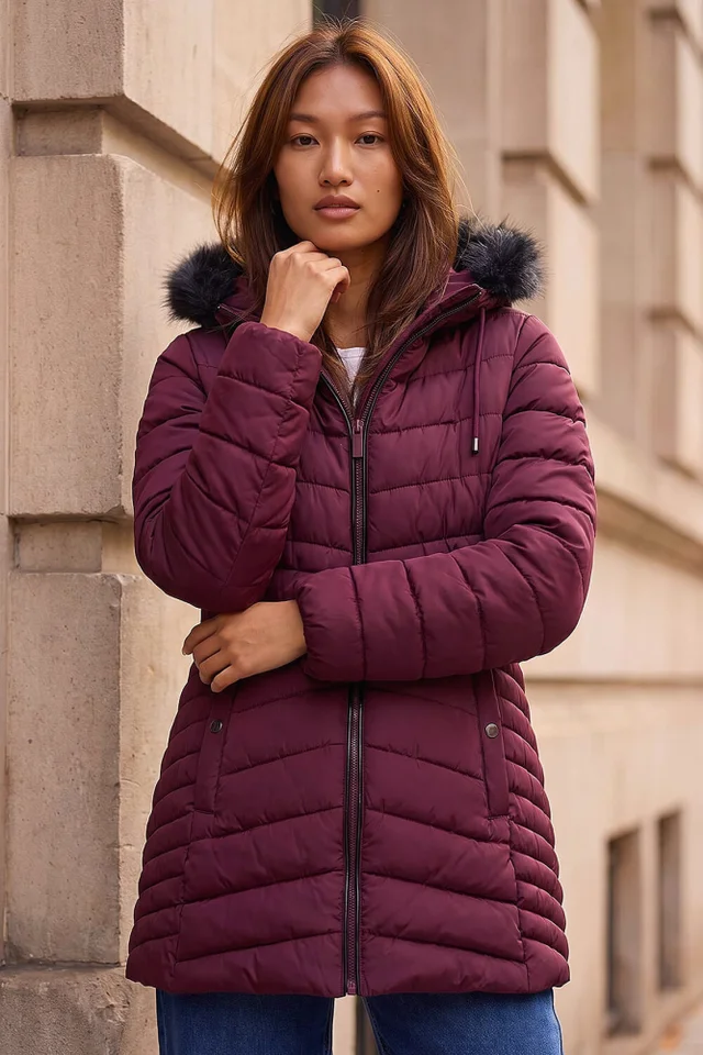Roman Bordeaux Faux Fur Hooded Coat