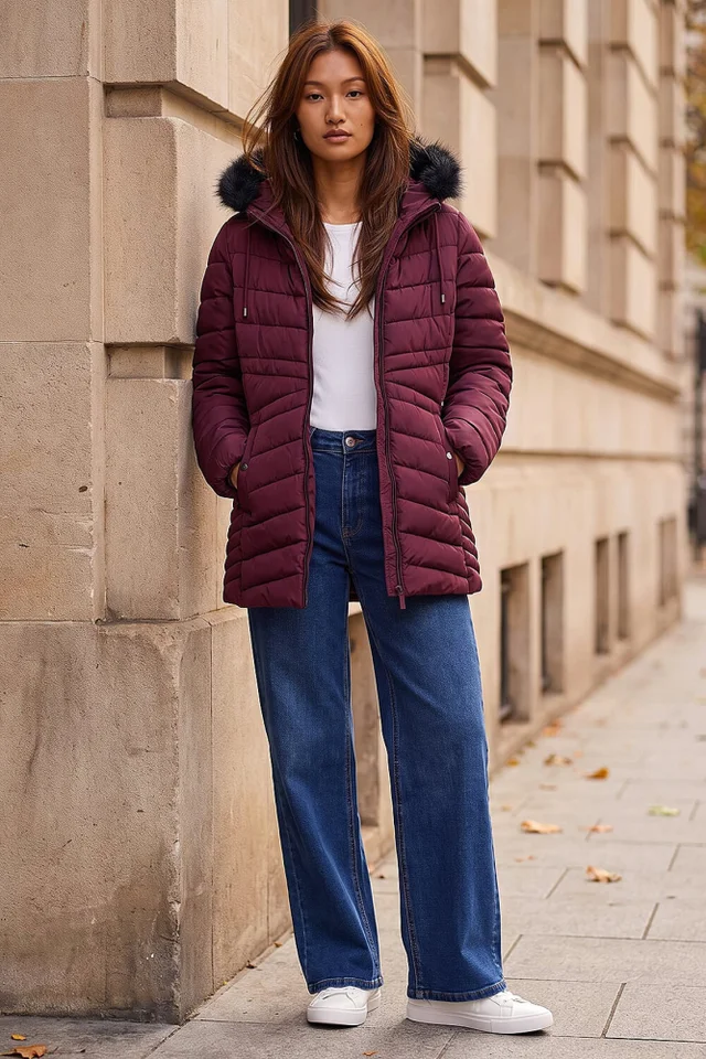 Roman Bordeaux Faux Fur Hooded Coat