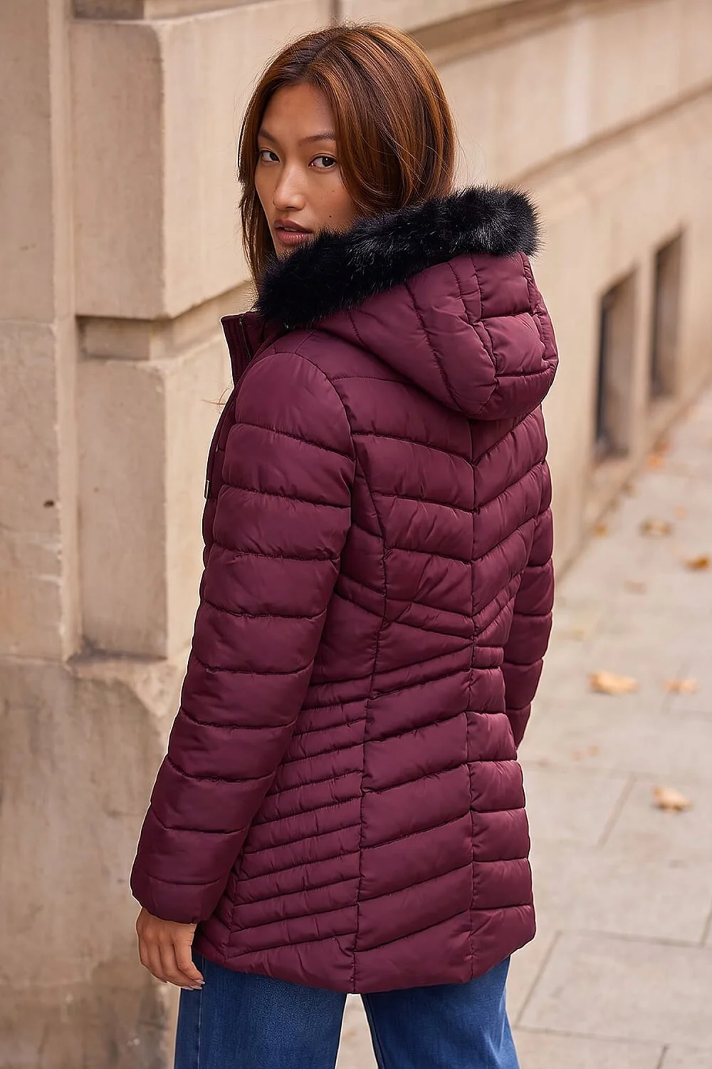 Roman Bordeaux Faux Fur Hooded Coat - 14 Image 3