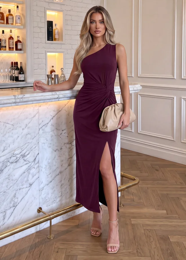AX Paris Plum One Shoulder Knot Detail Midi Dress