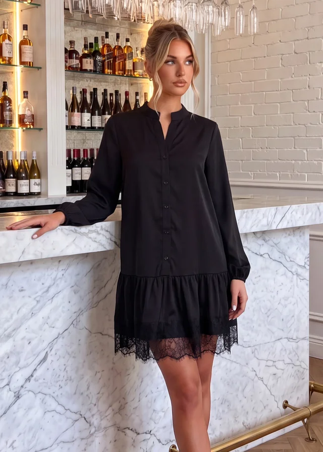 AX Paris Black Lace Hem Smock Shirt Dress