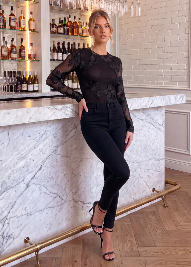 AX Paris Black Floral Embroidered Mesh Long Sleeve Bodysuit