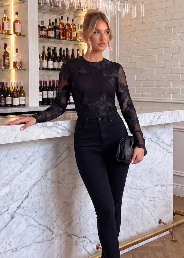 AX Paris Black Floral Embroidered Mesh Long Sleeve Bodysuit