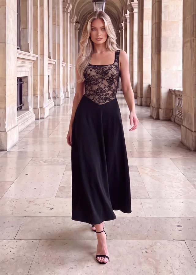 AX Paris Black 2 in 1 Contrast Lace A-Line Midi Dress