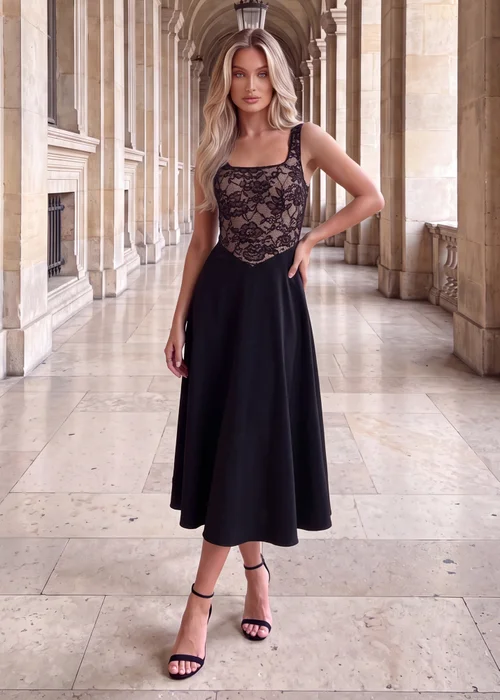AX Paris Black 2 in 1 Contrast Lace A-Line Midi Dress - 8 Image 1