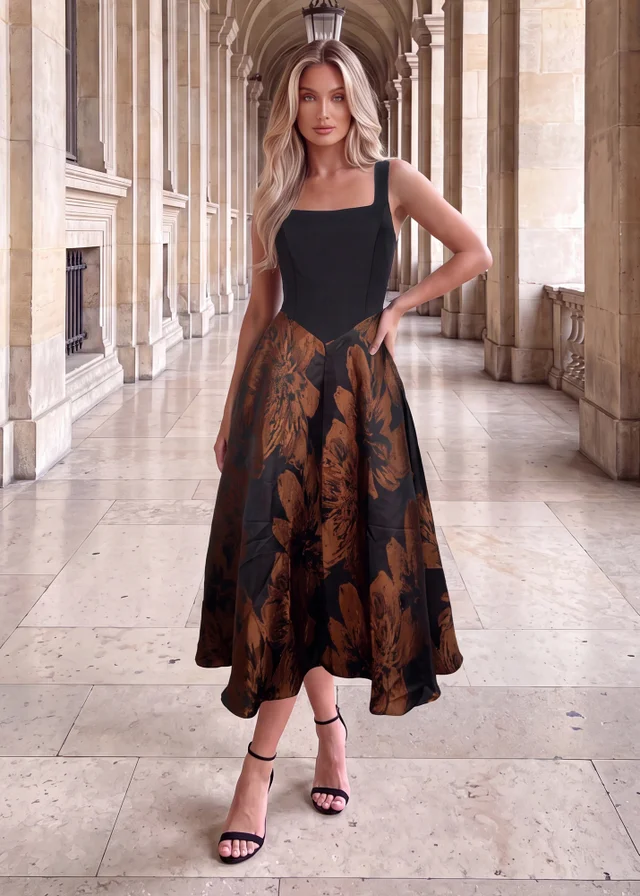 AX Paris Black Floral Jacquard A-Line Midi Dress