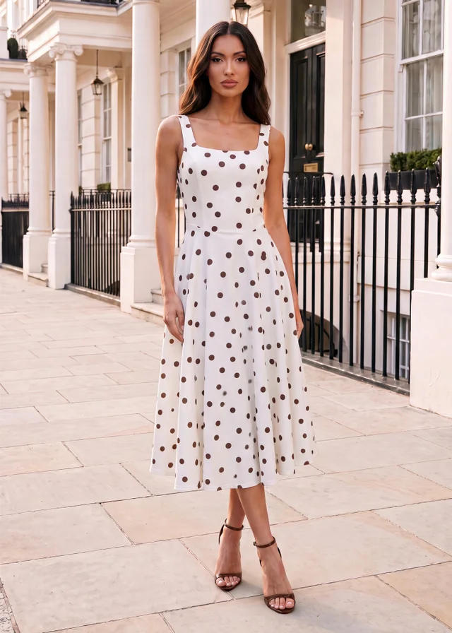AX Paris Cream And Chocolate Polka Dot Square Neck A-line Midi Dress