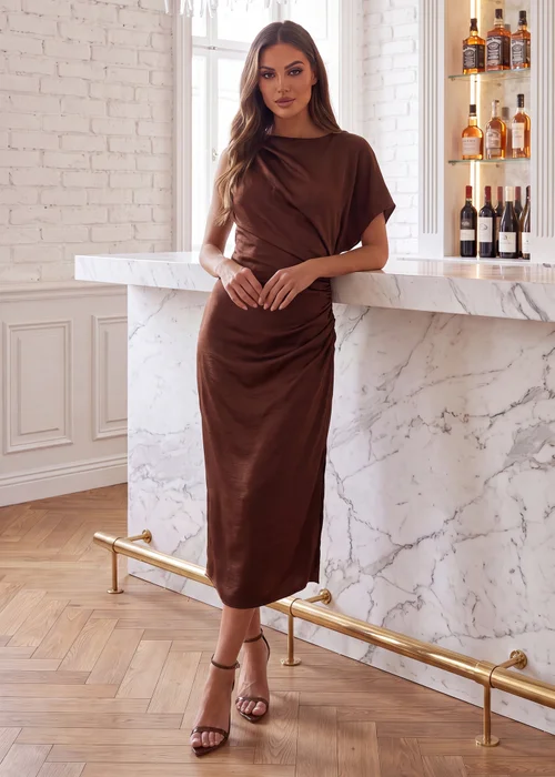AX Paris Chocolate Satin One Sleeve Ruched Midi Dress - 10 Image 2