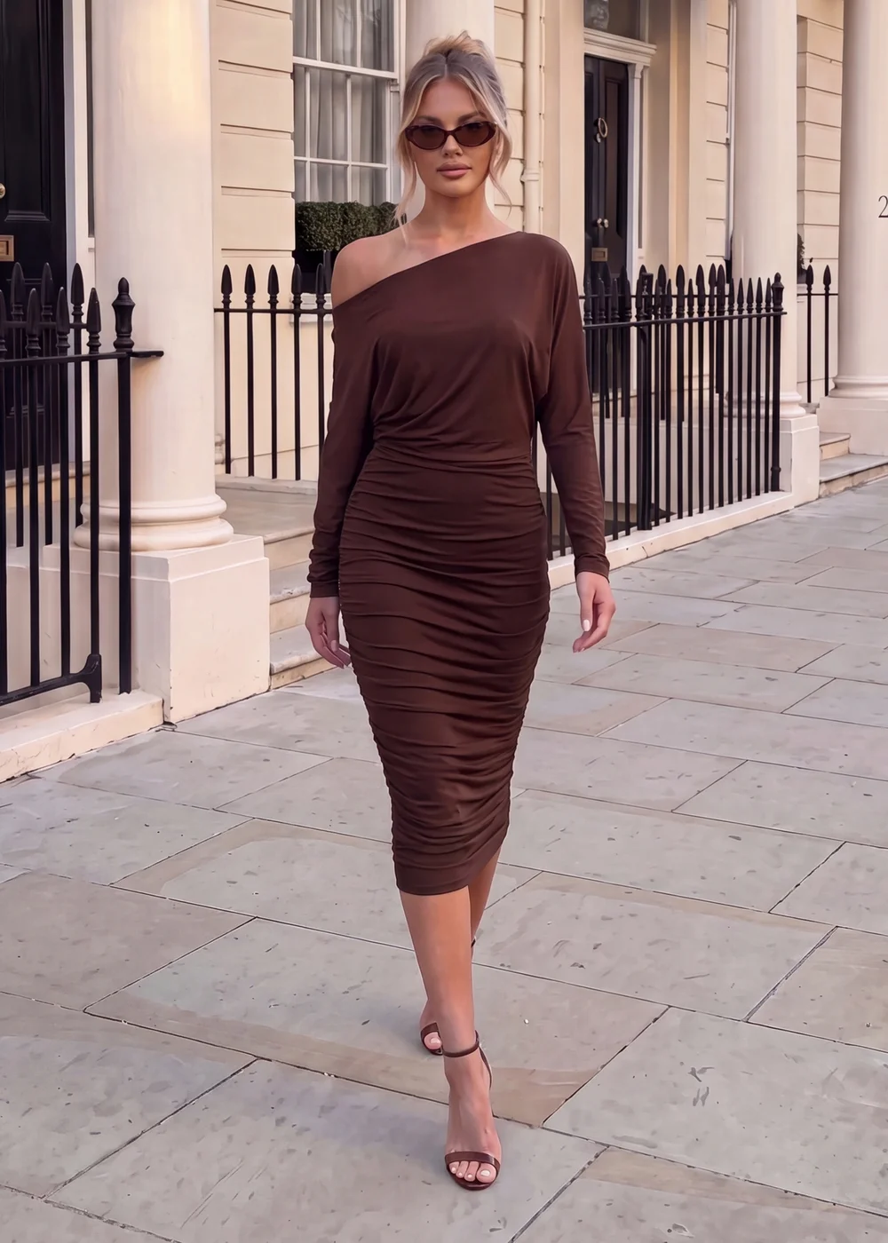 AX Paris Chocolate Off The Shoulder Ruched Midi Dress - 8 Image 1