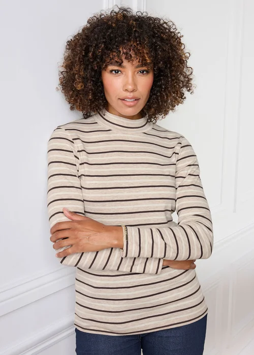 Cotton Traders Beige Marl Wrinkle Free Long Sleeve Stripe Turtleneck Top - 26 Image 2