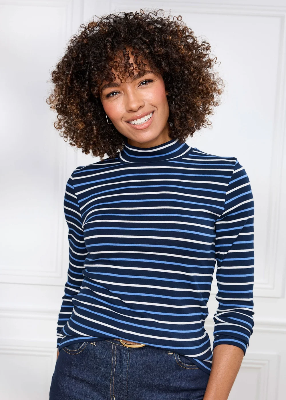 Cotton Traders Navy Wrinkle Free Long Sleeve Stripe Turtleneck Top - 12 Image 1