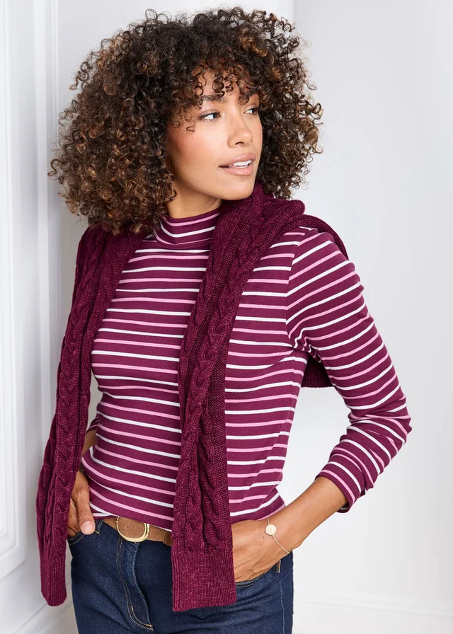 Cotton Traders Berry Wrinkle Free Long Sleeve Stripe Turtleneck Top