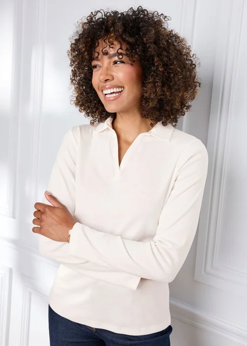 Cotton Traders Pale Cream Wrinkle Free Long Sleeve Polo Shirt - 12 Image 2