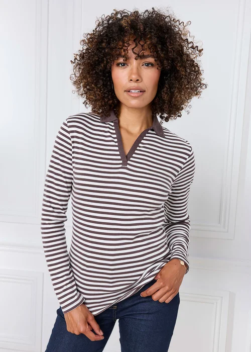Cotton Traders Chocolate Wrinkle Free Long Sleeve Stripe Polo Shirt - 20 Image 1