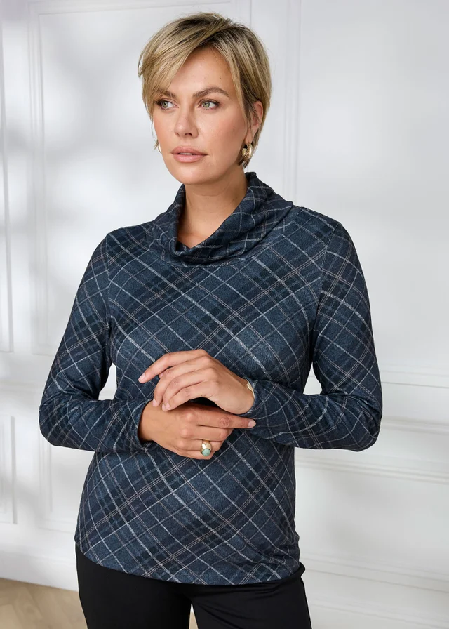 Cotton Traders Charcoal Long Sleeve Cowl Neck Check Jersey Top