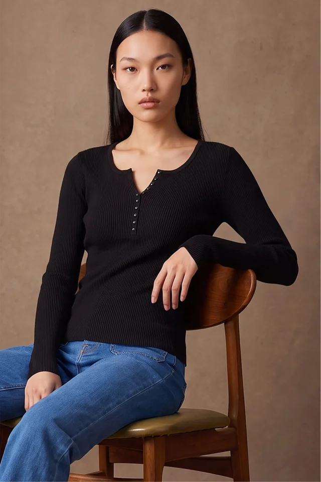 Dusk Black Button Detail Knit Top