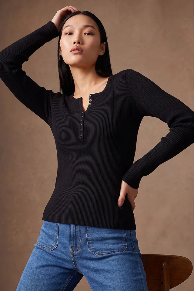 Dusk Black Button Detail Knit Top