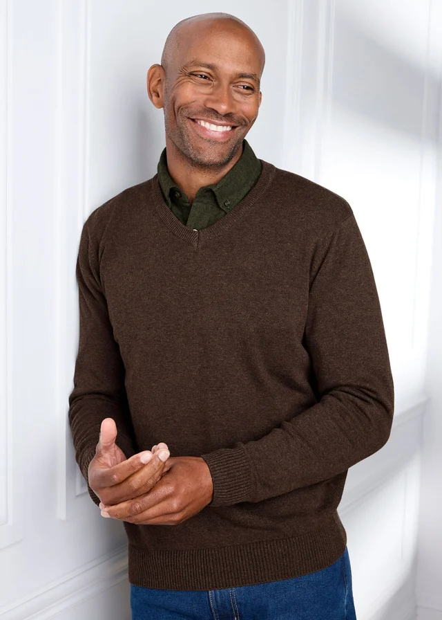 Cotton Traders Dark Brown Cotton V-Neck Jumper