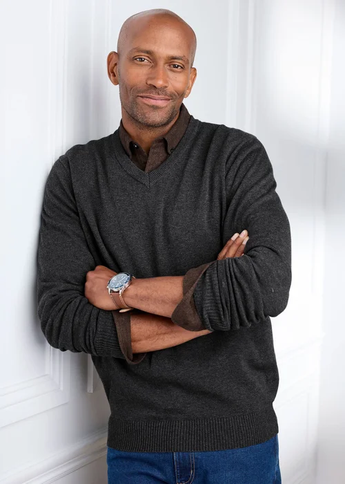 Cotton Traders Charcoal Cotton V-Neck Jumper - M Image 2