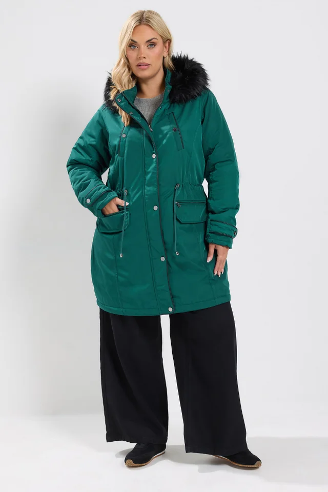 Yours Curve Green Faux Fur Trim Plush Parka Jacket