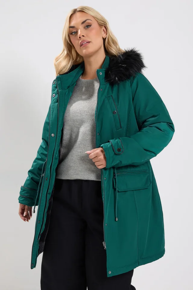 Yours Curve Green Faux Fur Trim Plush Parka Jacket