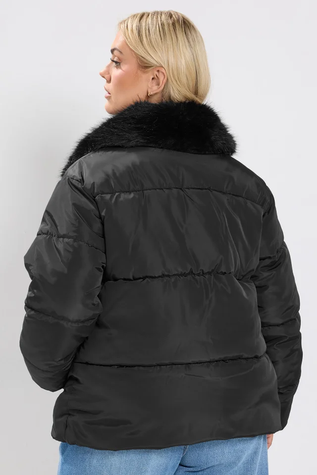 Yours Curve Black Funnel Neck Padded Coat