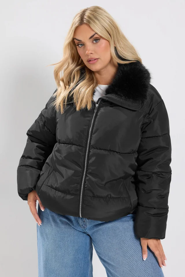 Yours Curve Black Funnel Neck Padded Coat