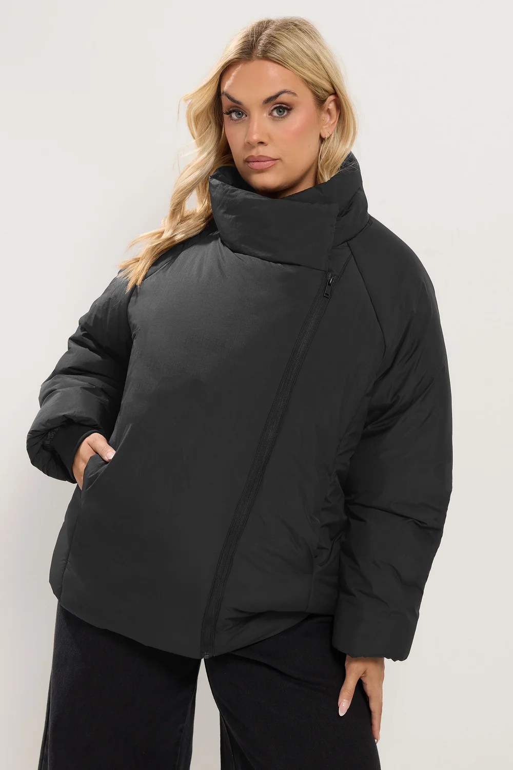 Yours Curve Black Asymmetric Zip Padded Coat - 30-32 Image 1