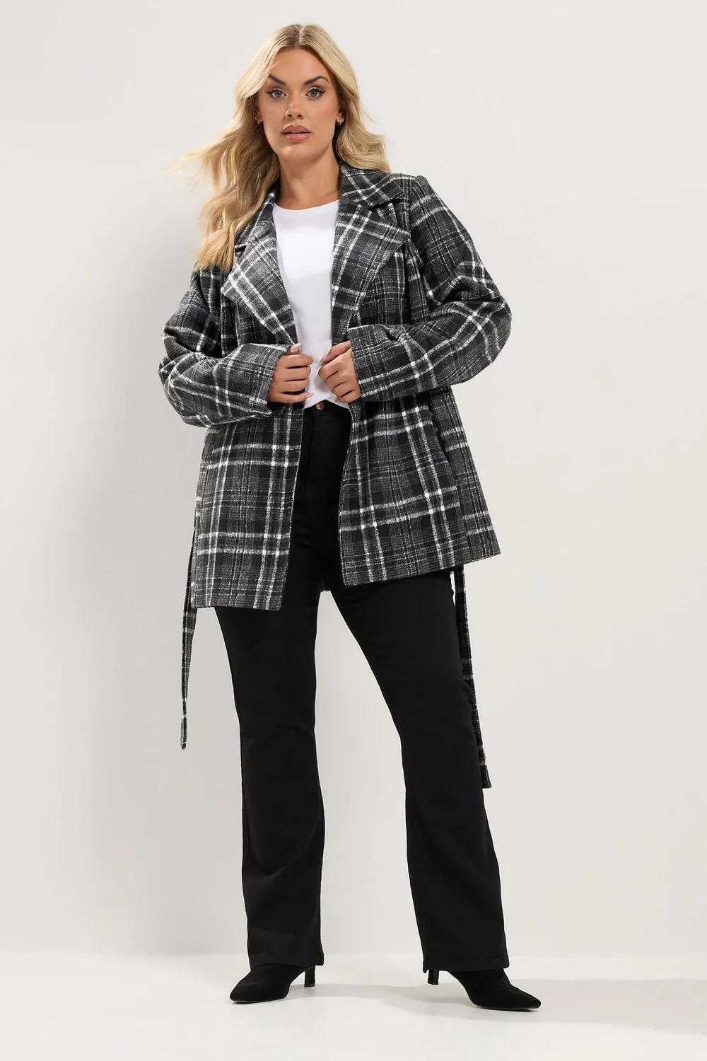 Yours Curve Black Checked Wrap Coat - 30-32 Image 2