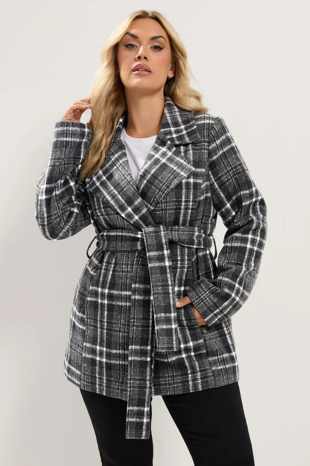Yours Curve Black Checked Wrap Coat