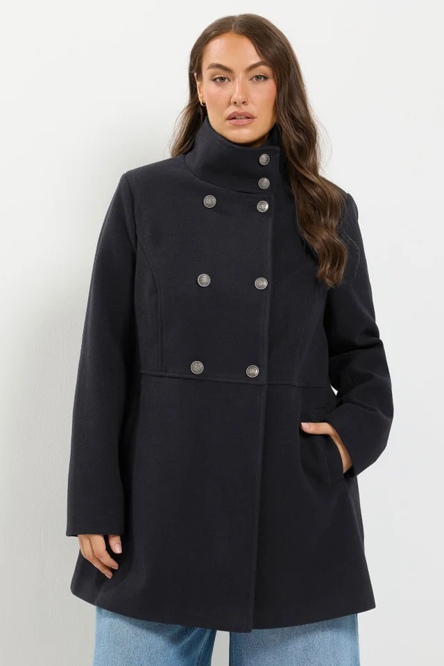 Yours Curve Black Double Breasted Military Coat
