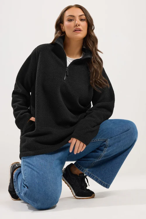 Yours Curve Black Quarter Zip Fleece - 22-24 Image 1