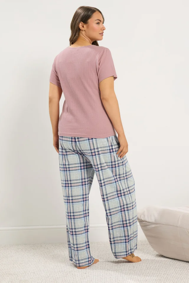 Yours Curve Pink Check Extra Wide Leg Pointelle Pyjama Set