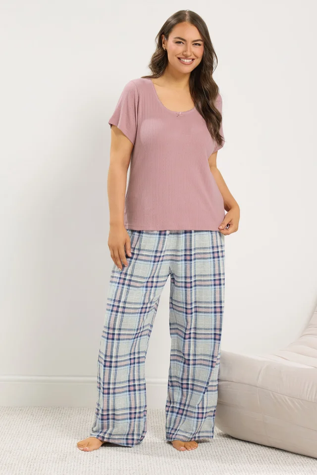 Yours Curve Pink Check Extra Wide Leg Pointelle Pyjama Set