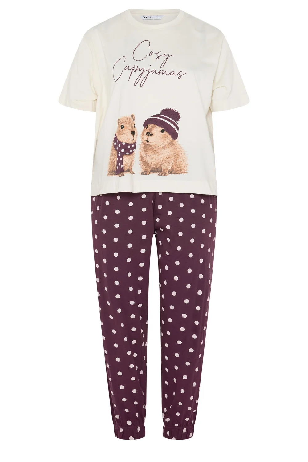 Yours Curve Ivory White Capybara Polka Dot Cuffed Pyjama Set - 10-12 Image 5