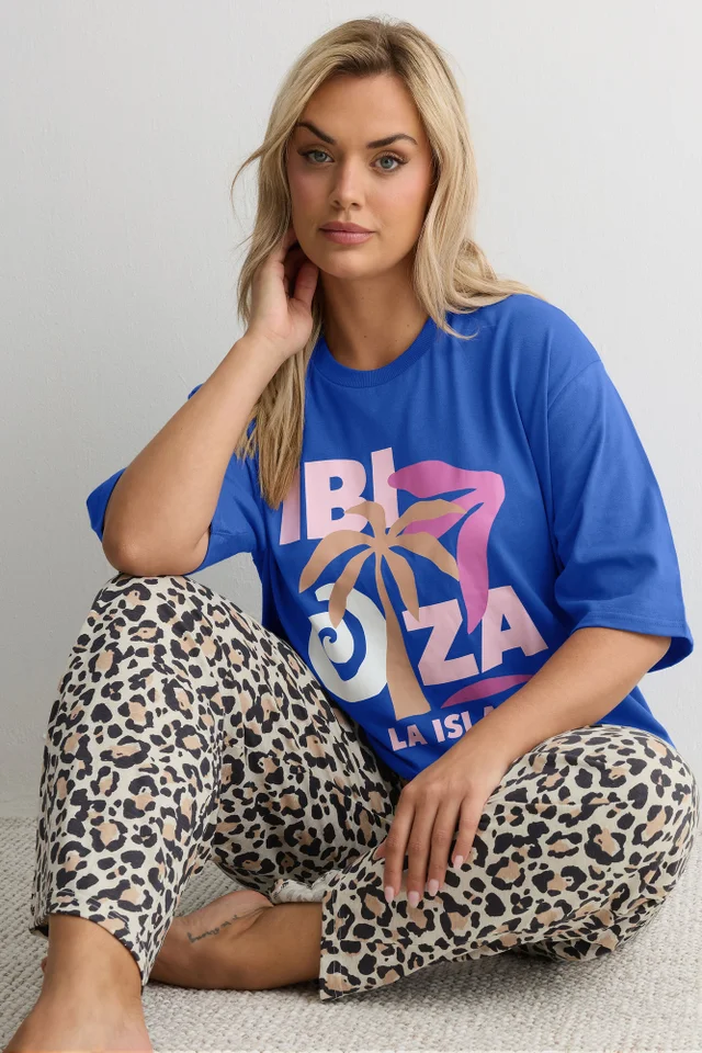 Yours Curve Blue & Leopard Print 'Ibiza' Pyjama Set