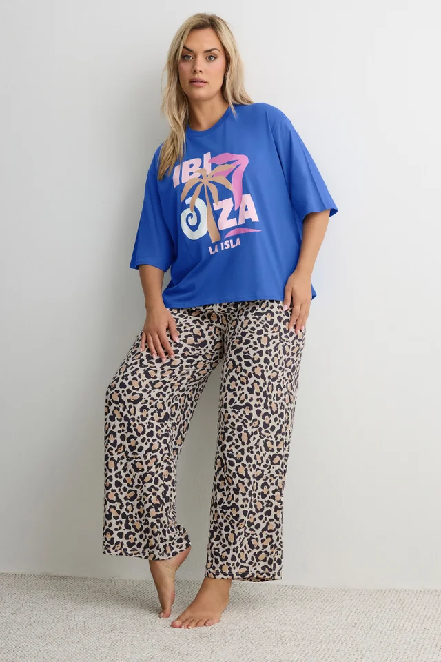 Yours Curve Blue & Leopard Print 'Ibiza' Pyjama Set
