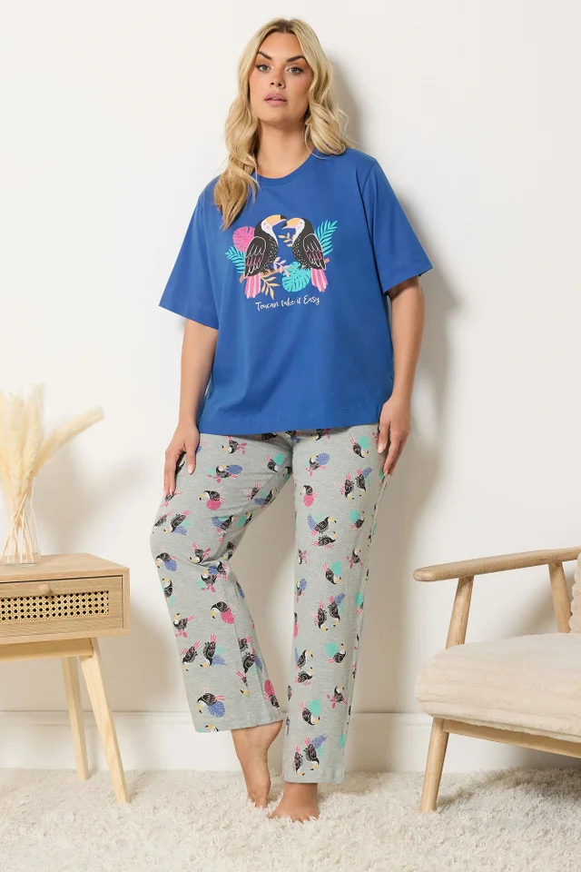 Yours Curve Blue 'Toucan Take It Easy' Slogan Wide Leg Pyjama Set
