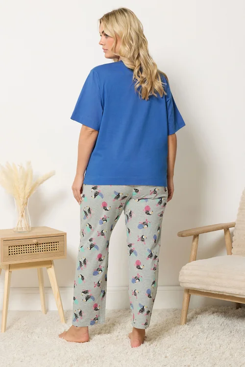 Yours Curve Blue 'Toucan Take It Easy' Slogan Wide Leg Pyjama Set - 10-12 Image 3