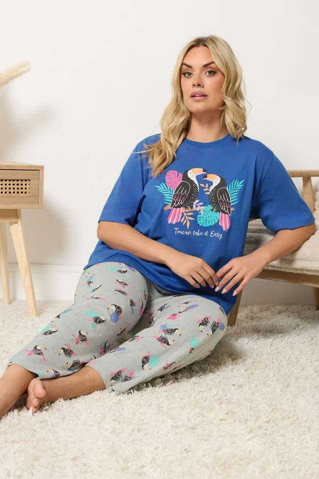Yours Curve Blue 'Toucan Take It Easy' Slogan Wide Leg Pyjama Set