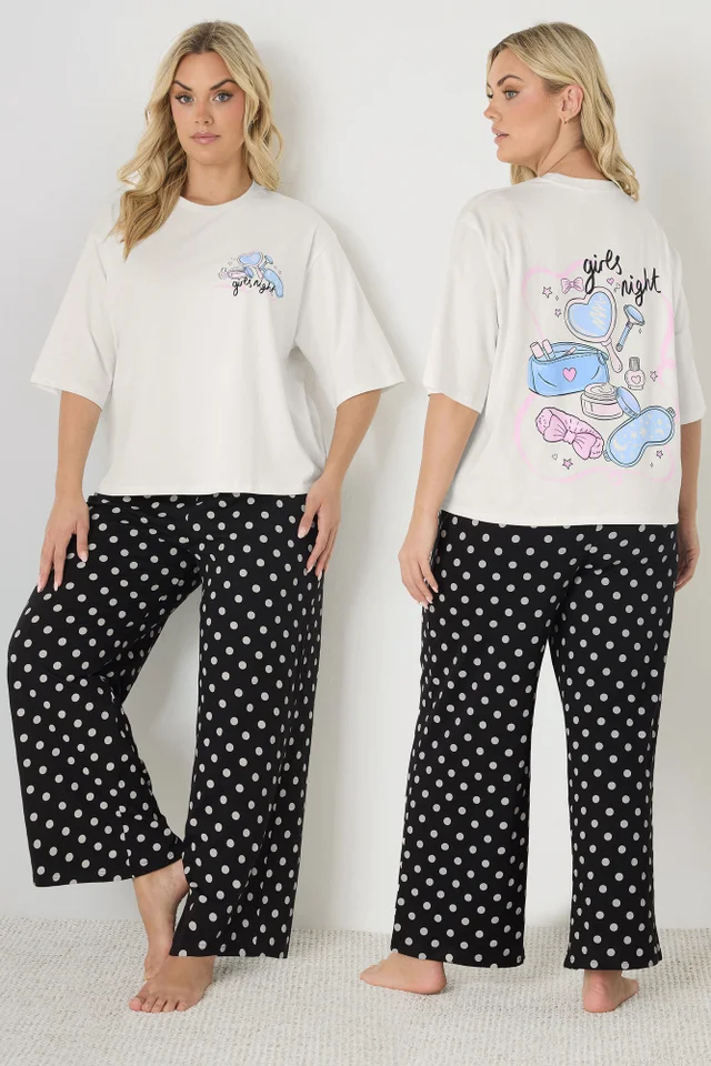 Yours Curve Ivory White 'Girls Night' Polka Dot Pyjama Set