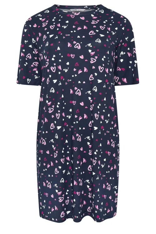Yours Curve Navy Blue Heart Soft Touch Nightdress - 14-16 Image 5