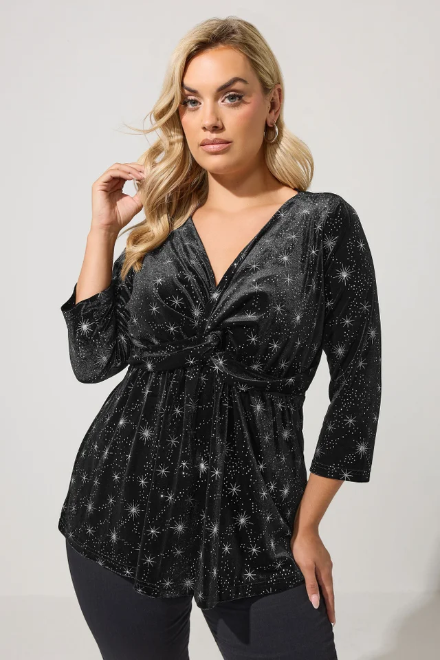 Yours London Curve Black Star Velvet Knot Top