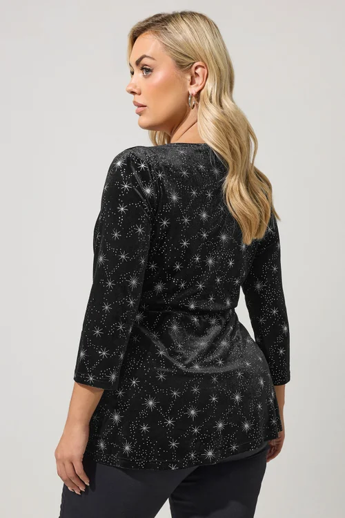 Yours London Curve Black Star Velvet Knot Top - 14 Image 3