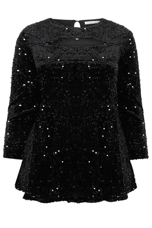 Yours London Curve Black Sequin Velvet Keyhole Top - 26-28 Image 5