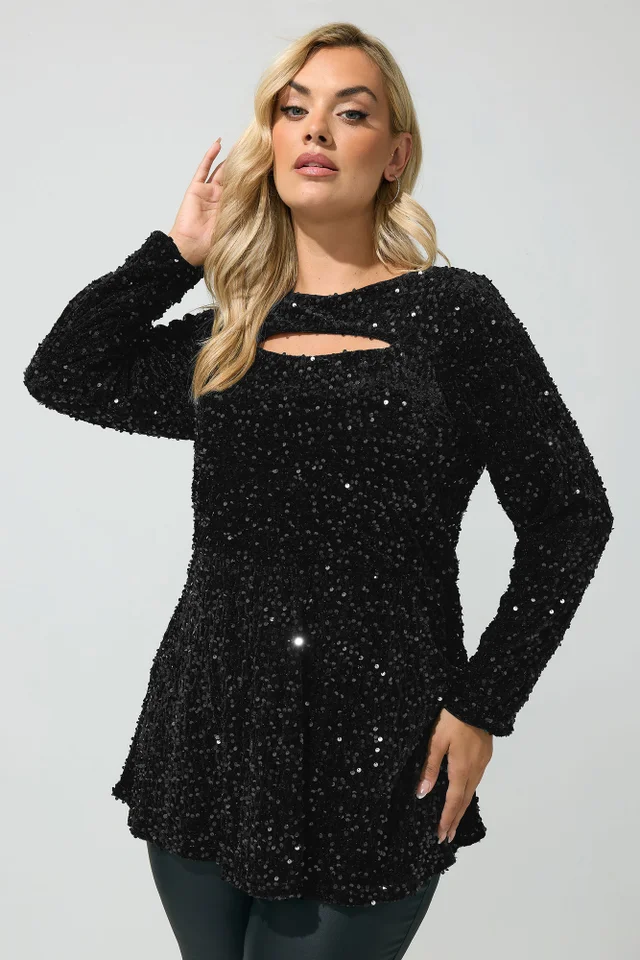 Yours London Curve Black Sequin Velvet Keyhole Top