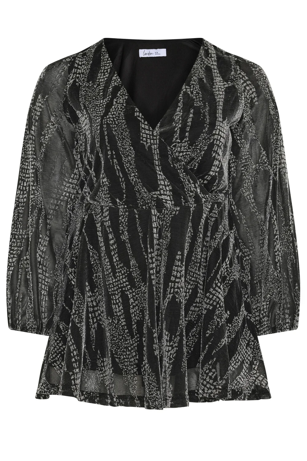 Yours London Curve Black & Silver Metallic Wrap Top - 22-24 Image 5