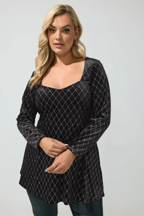 Yours London Curve Black Velvet Glitter Square Neck Top - 18 Image 1