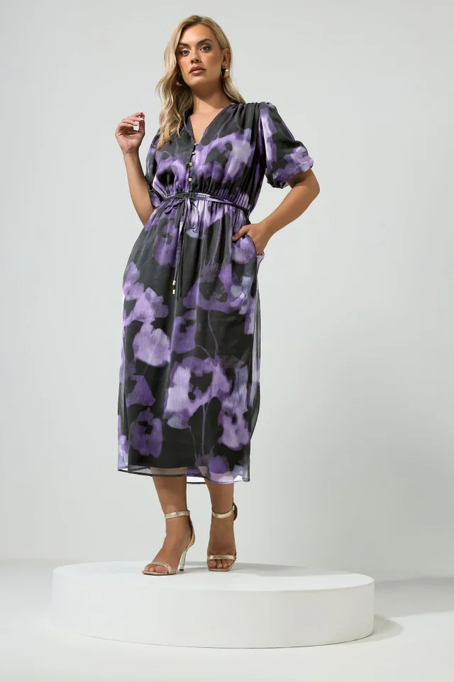 Yours London Curve Purple Blurred Floral Shirt Dress
