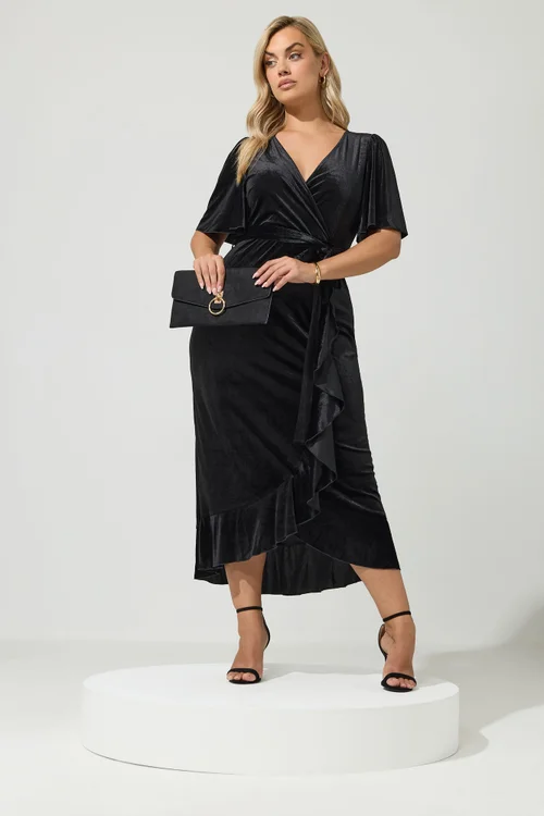 Yours London Curve Black Velvet Wrap Dress - 30-32 Image 2